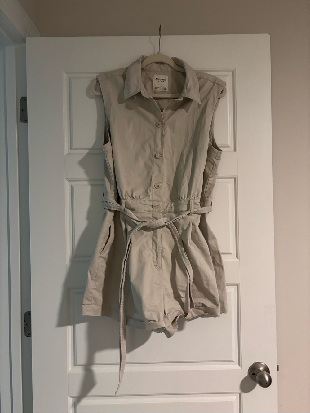 Abercrombie & Fitch Sleeveless Khaki Utility Romper with Tie Belt